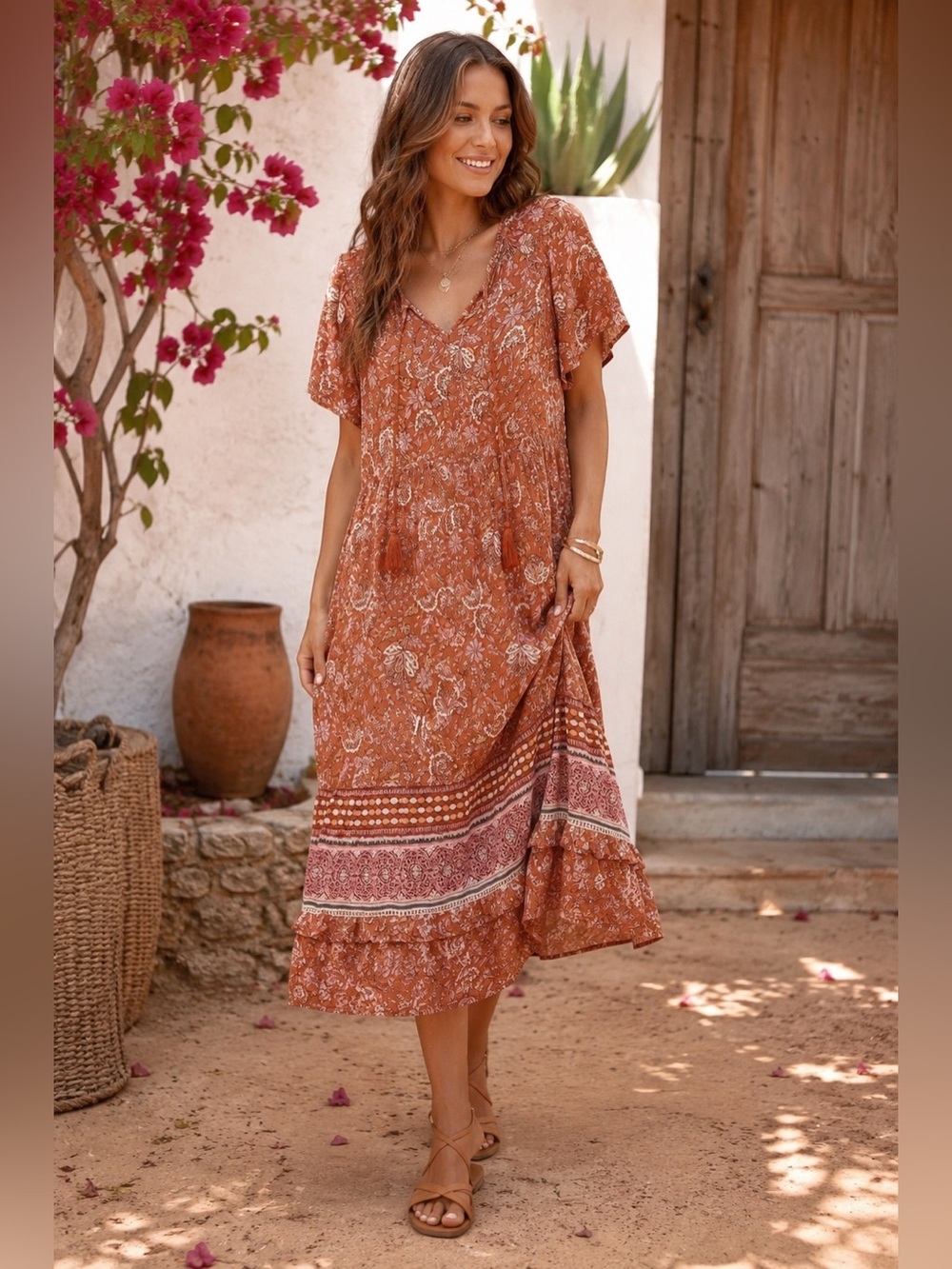 Knox Rose Boho Floral Midi Dress – Rust Orange Print | Tassel Tie Neck